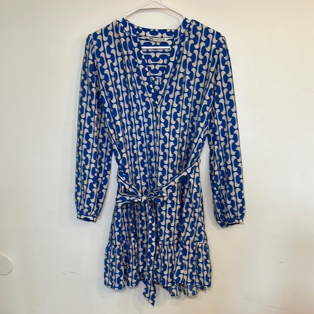 Zara Paula Ruffle Mini Dress Tunic Long Sleeve‎ V Neck Blue White Size Small